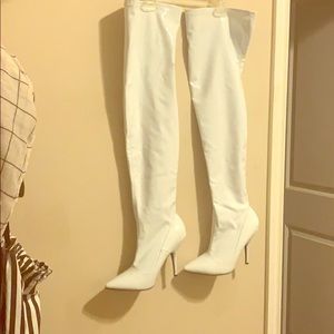 white thigh high high shine boots